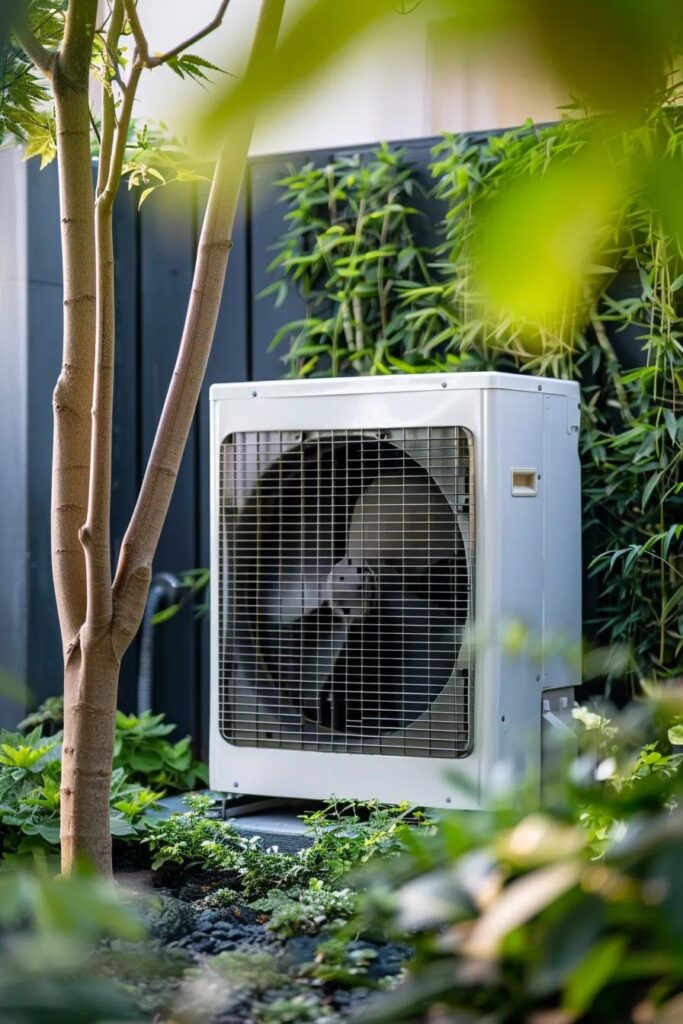 A sleek, modern high-efficiency air conditioner unit installed neatly in a garden setting