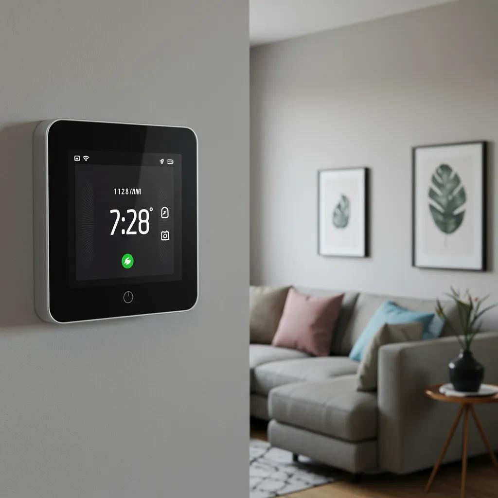 A modern smart thermostat elegantly installed in a chic home interior