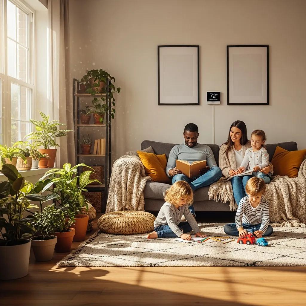 Easy DIY HVAC Maintenance Tips for Every Season 3 Family enjoying a comfortable living room with a thermostat displaying optimal settings, highlighting energy efficiency