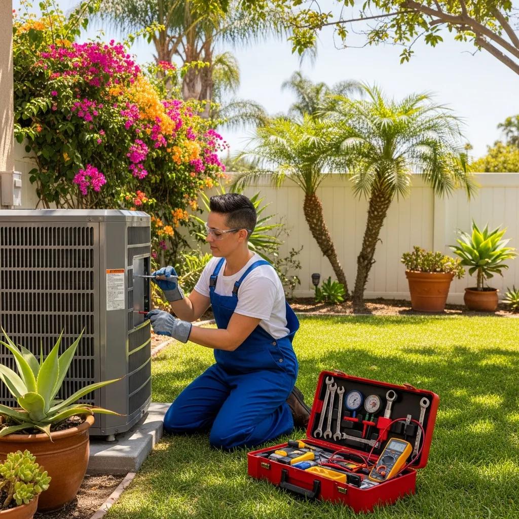 Technician performing seasonal HVAC maintenance on an air conditioning unit in a sunny San Diego backyard