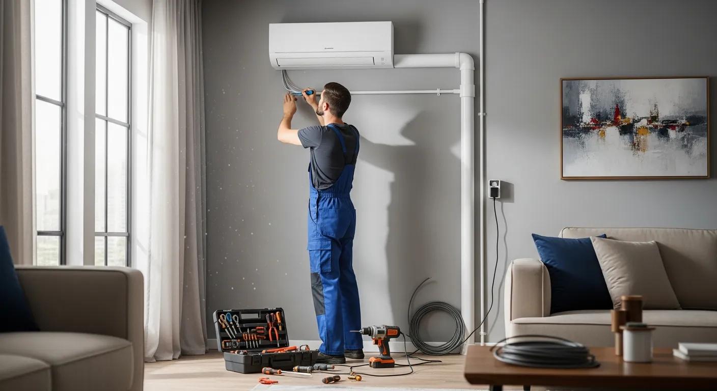 Technician installing a Daikin air conditioning unit in a residential setting