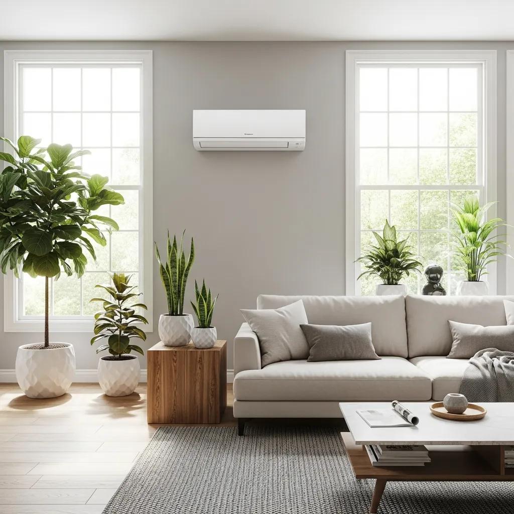 Daikin mini-split air conditioning unit in a bright living room, emphasizing energy efficiency and modern design