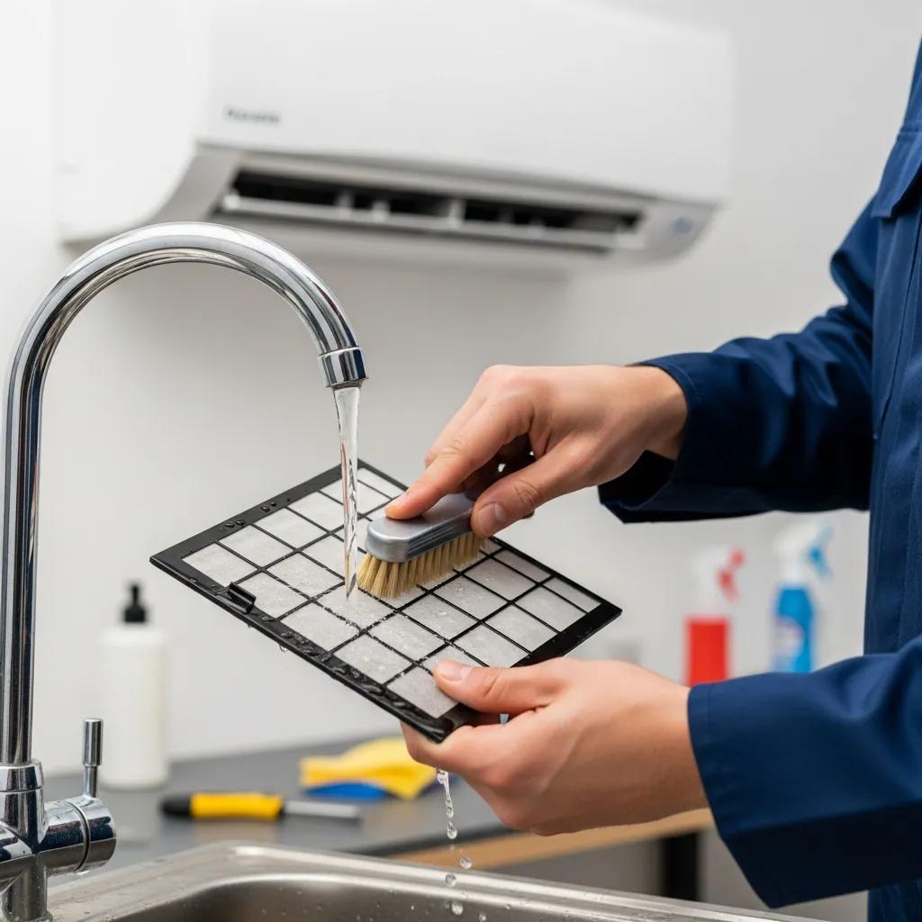 Flexible Cooling & Heating with Daikin Mini-Splits 3 Technician cleaning the filter of a Daikin mini-split system, highlighting the importance of regular maintenance