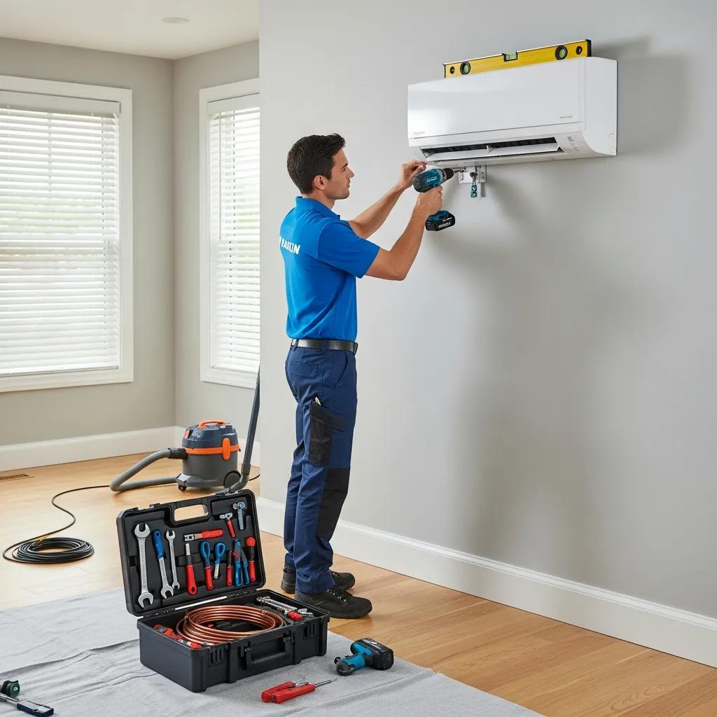 Flexible Cooling & Heating with Daikin Mini-Splits 2 Technician installing a Daikin mini-split system indoors, illustrating the installation process and professionalism