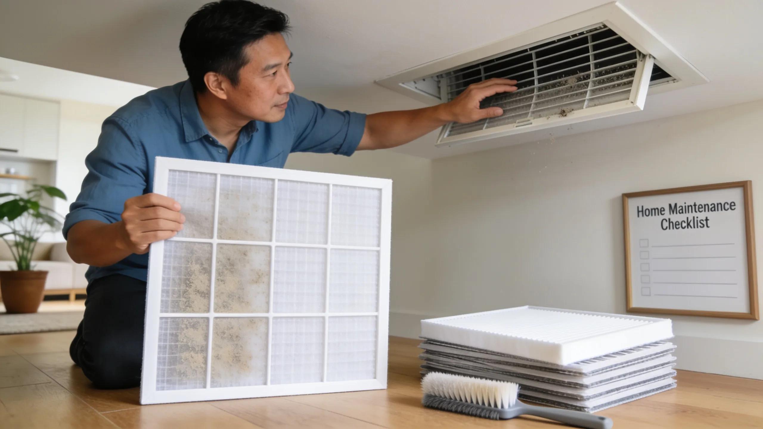 Optimize Indoor Comfort with Air Balance HVAC Solutions 3 Homeowner inspecting HVAC system filters and vents for maintenance and airflow balance